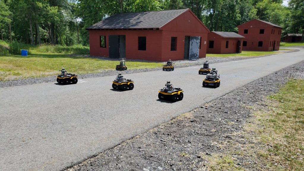 Fleet of autonomous ground robots explores site during DCIST CRA cross disciplinary experiments held at the USMA range 16 in 2022.