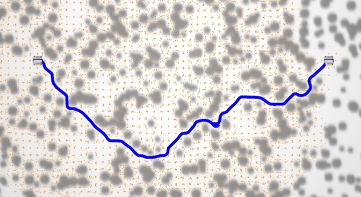 The optimal path derived from our adaptive state lattice algorithm. Our approach generates lower-cost solutions faster, and with less memory, than existing planning techniques.